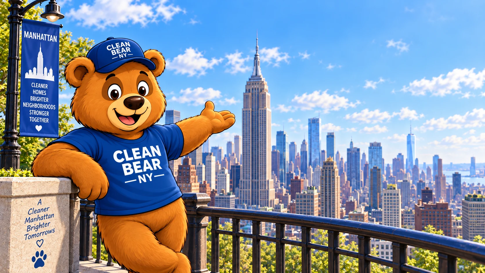 Clean Bear mascot with the Empire State Building and Manhattan skyline