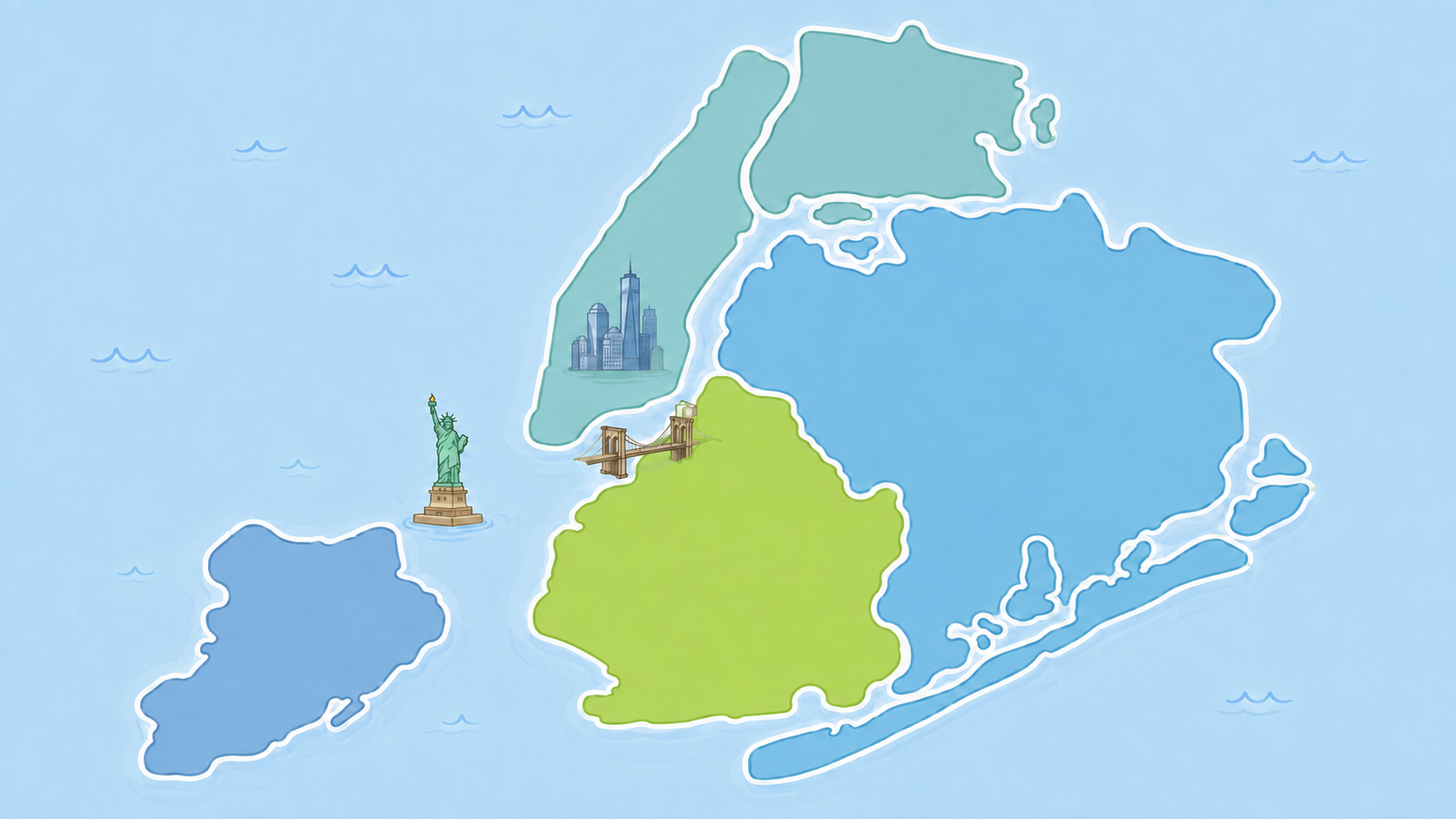 Illustrated map of Clean Bear service areas across Brooklyn, Queens, Manhattan, the Bronx and Staten Island