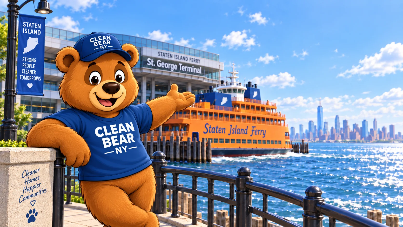 Clean Bear mascot with the Staten Island Ferry and St. George Terminal